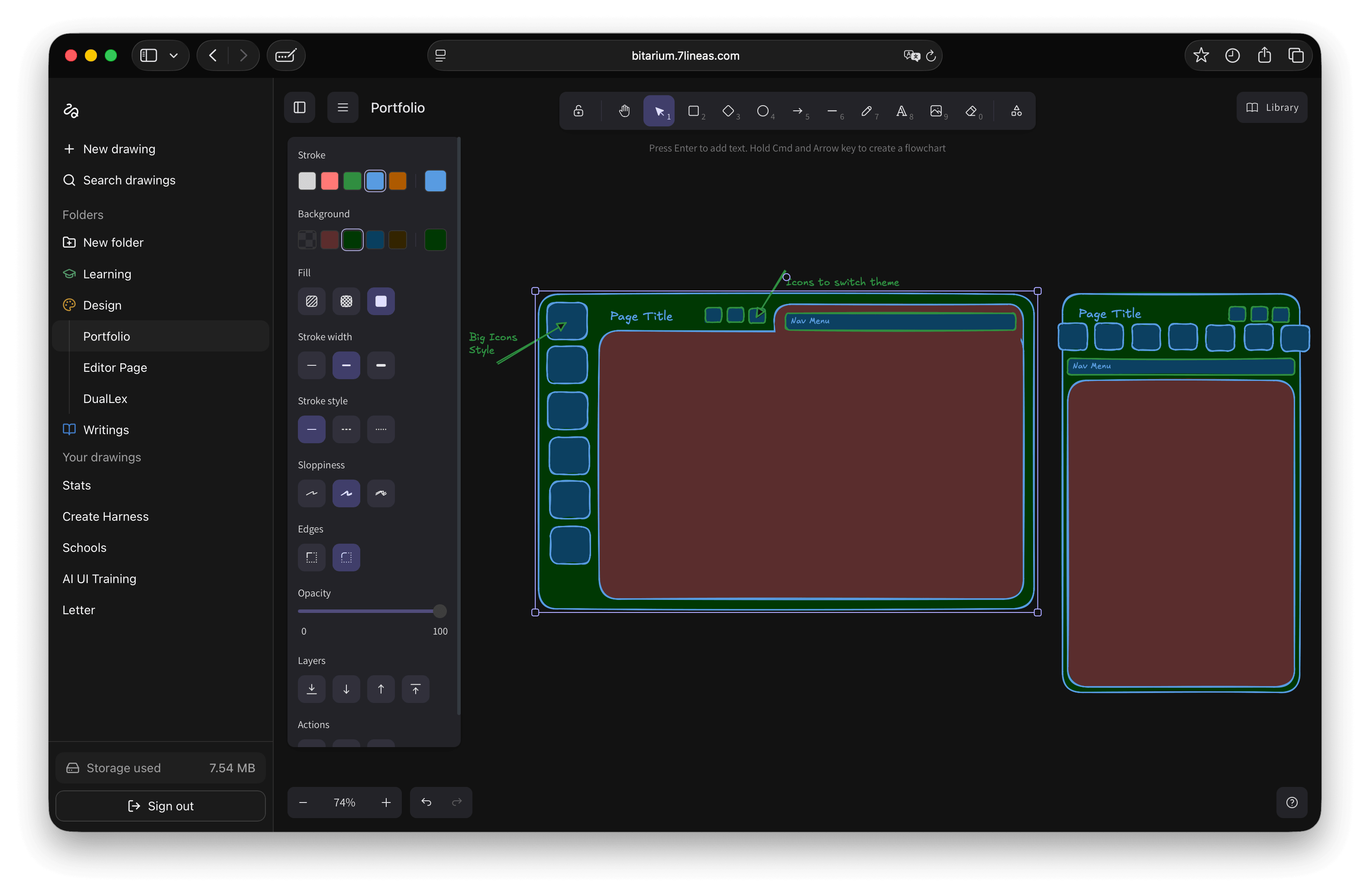 Bitarium workspace showing the infinite canvas, folder sidebar, and Excalidraw-style drawing tools